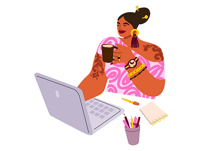 The girl works for a laptop and drinks coffee