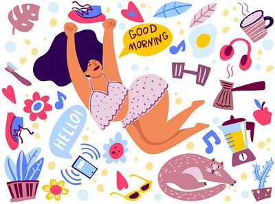 Happy girl woke up in the morning body positive book illustration cartoon design flat graphic design illustration