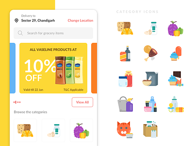 Grocery Application android category deals food grocery home iconography icons illustration ios layout location