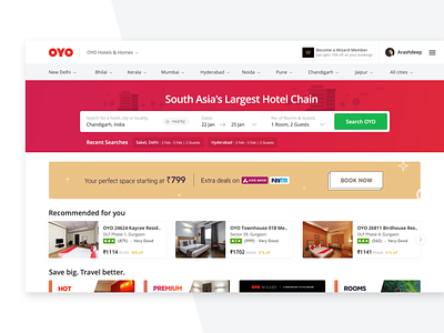 OYO Homepage - Web banner deals design dropdown home page hospitality hotels landing page layout listing location recommendation search travel ux web