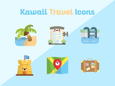 Kawaii Travel Icons beach cute flat graphic design icons kawaii pool relax travel vacation