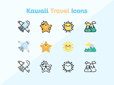 Kawaii Travel Icons No.2 adobe illustrator anime art cute icon icon pack illustration kawaii lineart smiling summer website