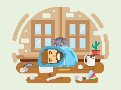 Monday Morning😴 adobe illustrator all night art beard cactus cat character coffee design graphic design graphics package illustraion monday no sleep paper pet ruler sleeping vector work