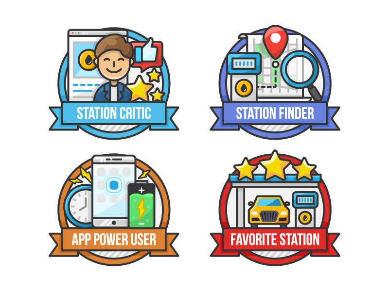 Omanoil App Badges - Set 2 line art badges clock power user battery gas station map critic app ui icon a day vector artwork adobe illustrator design art graphic design flat vector icon illustration