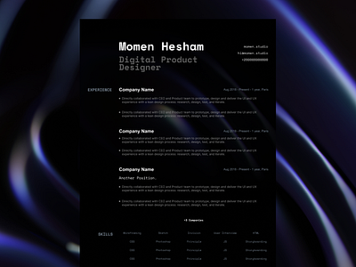 CV Template black cv cv design cv template dark mode digital product design experience figma simple skills ui uiux ux