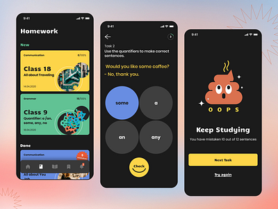 Design for learning english app app bottom button cards class clean course education english figma illustration language language learning language school lesson navigation progress bar study tab ui