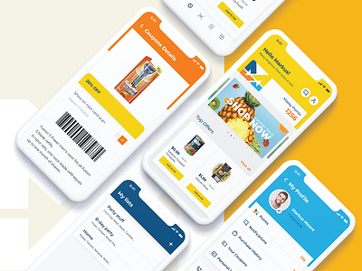 Grocery Store Mobile App barcode branding design cards carousel eat flat flow graphicdesign illustration interaction lists mobile app onboarding ui product shoping tabs ui ux web yellow