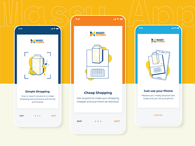 Onboarding for Massy App ai barcode carousel figma flat food illustration ios onboarding screen products shopping app ui yellow