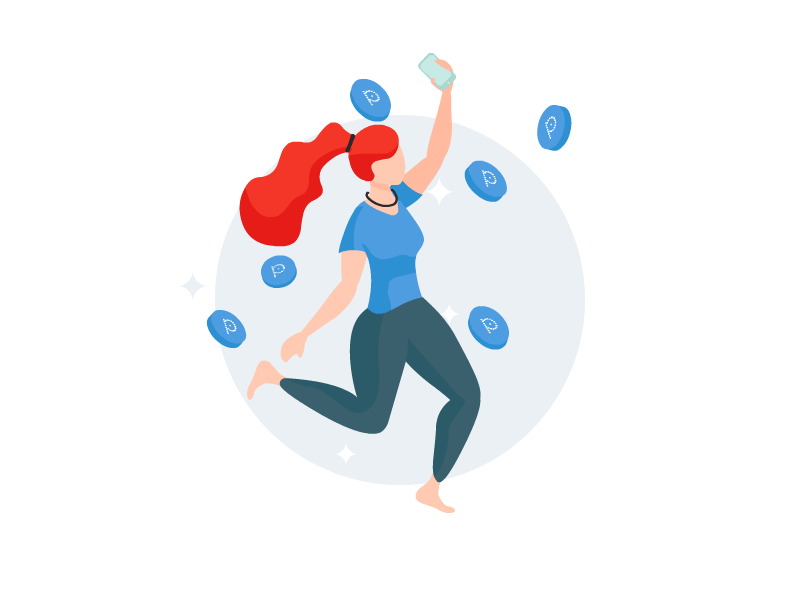 Winning points achievement aeroplane animation app coins dance fall girl illustration jump phone plane points redhair sparkles