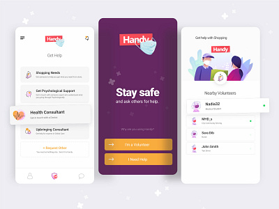 Handy delivering delivery app facemask help purple ui volunteers