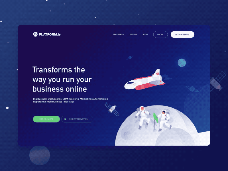 Platformly Responsive Website astronaut chat crm desktop icons illustrations landing page space web