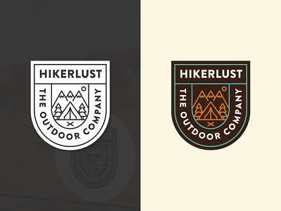 Hikerlust Logo badge camp emblem forest hiking hipster icon insignia line art linear linear icons lineart logo minimalist mountain tent trees wanderer wanderlust