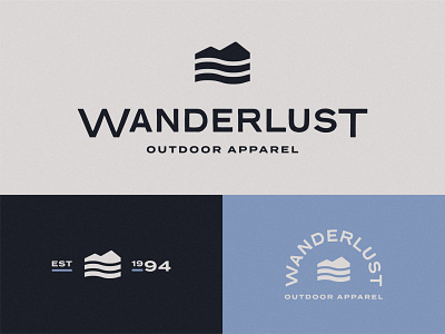 Wanderlust apparel badge branding flat logo logo design mark minimal mountain outdoors river tag wander wanderlust water