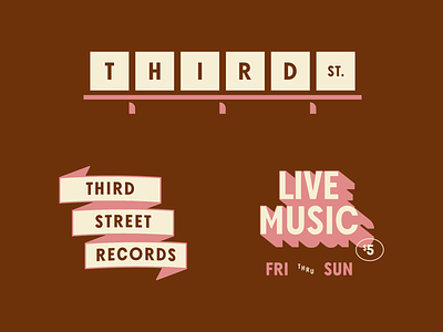 Third St. Records, II badge banner branding brown flat live music logo logo design minimal music pink record record shelf record store records retro typography vintage vinyl
