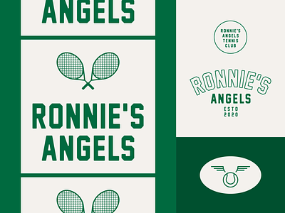 Ronnie's Angels Tennis Club angels athletic branding green logo logo design retro sports tennis tennis ball tennis racket typography vintage wings
