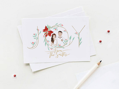 Personalized CHRISTMAS CARDS: JOY Wreath christmas card custom illustration greetings card illustration personalized
