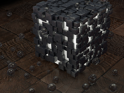 dark metallic cube and glass spheres