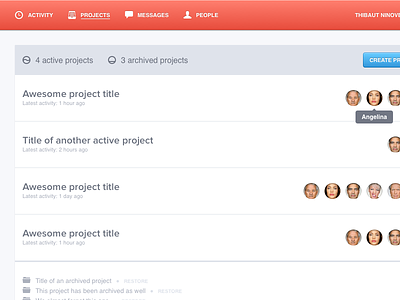 Projects avatars bright clean collaboration design helvetica light minimalist projects proxima rows ui