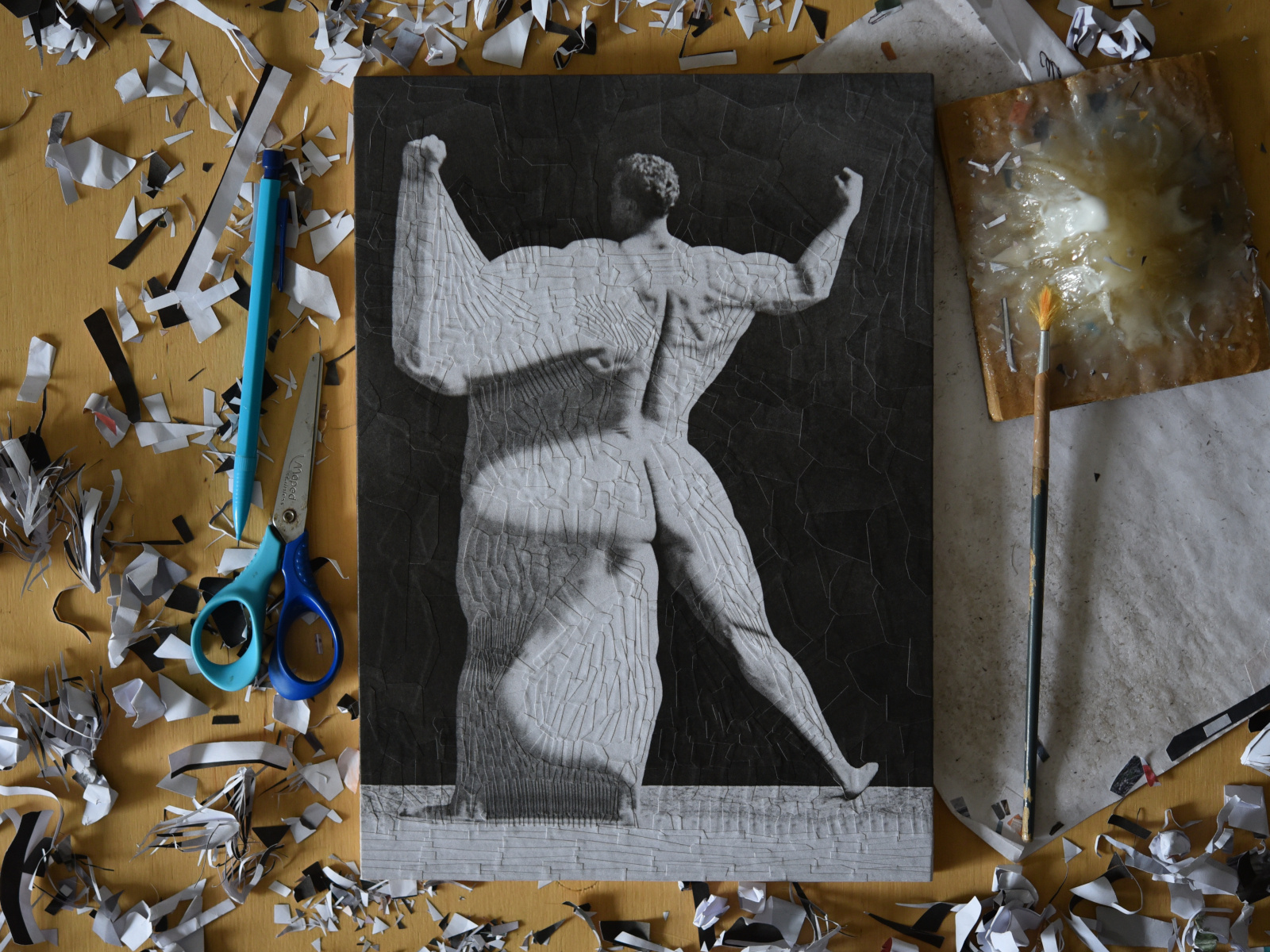 After Eugen Sandow, studio body collage illustration nude scissors