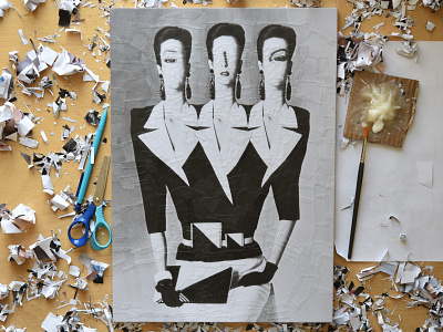 After Scherrer and Hulton, studio art collage eyes illustration paper paper collage portrait studio threesome trio triplets