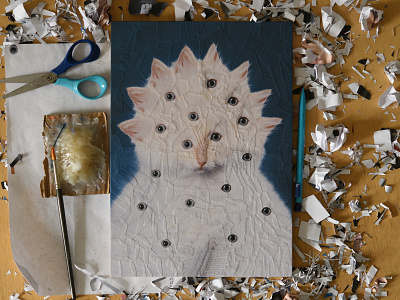 Queenie, studio cat cat portrait cats collage eyes illustration paper paper collage studio
