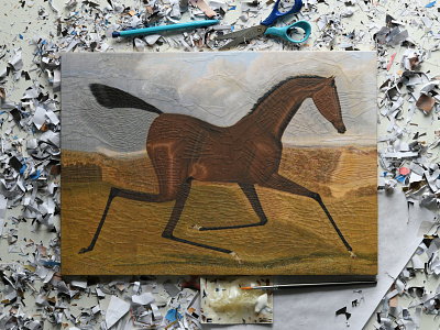 Trotting Bay after J.F Herring, studio collage equestrian equine horse horses illustration studio