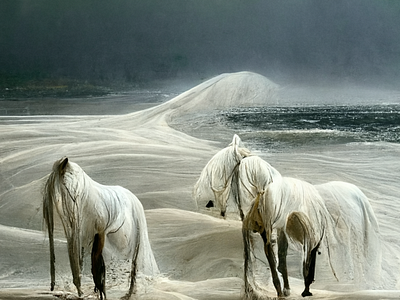 Wild white horses at the beach ai art digital marcodetomaso midjourney