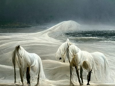 Wild white horses at the beach