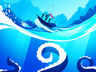 Sailing the stormy seas blue clouds illustration kraken oceano octopus sailing sea ship shipwreck