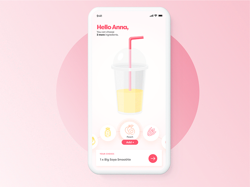 Smoothie Land animation app design drink food fruits healthy illustration motion ordering pink shake smoothie typography ui ux vector