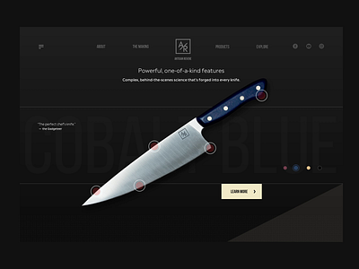 Product Page for Chef Knife chef cooking culinary dark dark ui features food knife landing page minimalistic presentation product product design product page product presentation strict tool typogaphy typography website