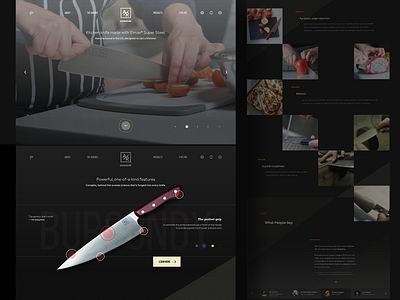 Promo Website for Chef Knife Manufacturer chef cooking culinary dark dark ui features food knife landing page minimalistic presentation product product page strict tool typography vegan