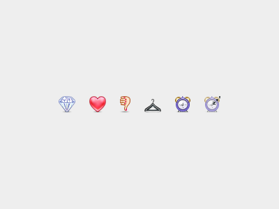 WIP Rating Icons 24px alarm alarm clock bag clock clothes hanger diamond gem gift gift bag hanger heart icon icons jelly labs jewel pinky von pout shopping shopping bag thumbs down voting icons