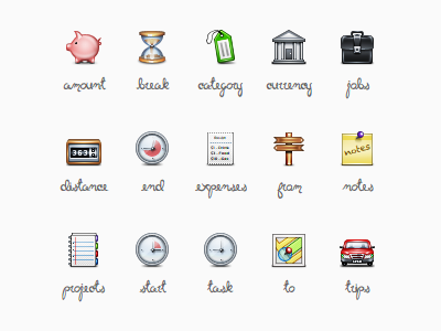 Work It Category Icons 32px 32px bank briefcase car category icons clock document hourglass icon icons iphone iphone 4 jelly labs map notebook notes odometer paper pig piggy bank pin pinky von pout receipt retina retina display sign sign post storage tag task