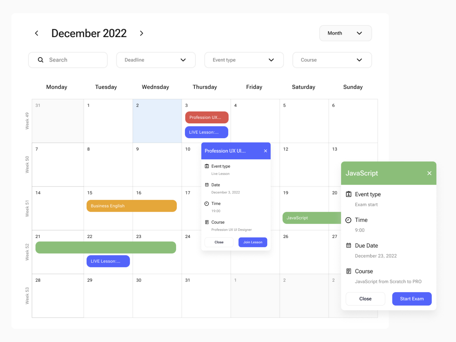 Calendar design for LMS system by Diana Afanasyeva on Dribbble