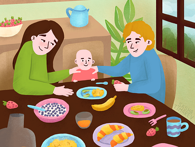 Breakfast with family food illustration people