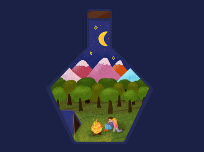Memories in a bottle couple cute dream forest illustration