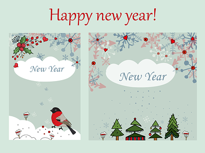 Happy new year card bird bullfinch christmas trees cover graphic design happy new year leaflet snowflakes vector