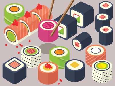 Hello Dribbble debutshot flat illustration isometric sushi