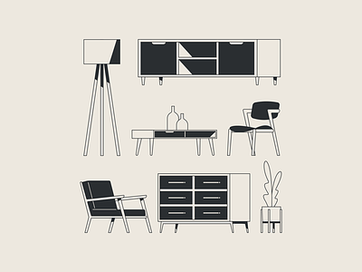 Mid Century Modern cabinet chair flat design furniture illustration illustrator mad men mid century modern plant table