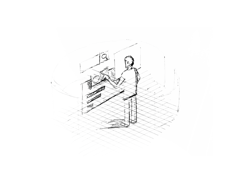 Isometric illustration WIP gradient grid interface isometric person process sketch