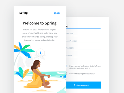 Illustration For Spring beach blue clean green illustration mobile palm plant ui ux white woman