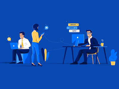 Illustration For Lexop blue business chair character clean deliver illustration message send table yellow