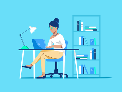 Student At Desk blue bookshelf chair clean desk illustration minimalistic web website woman