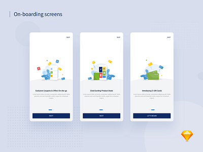 App On-boarding Screens app app design coupons deals ecommerce flat illustration giftcard illustration mobile app offers shopping ui ui ux ux vector