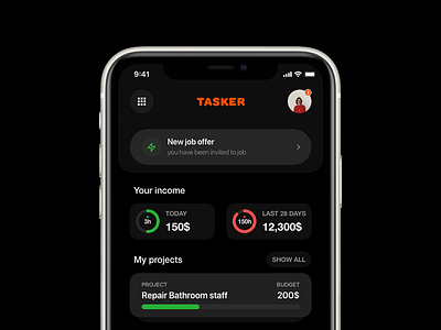Tasker jobs analysis app app concept color company list dark theme dark ui freelance app freelancing job listing projects ui ux