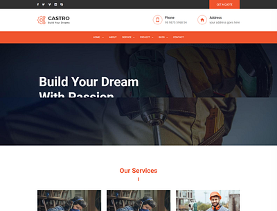 Castro React Construction Template architecture construction business construction company contractor engineer home design industry interior design plumber react app react construction react js react material react responsive react template