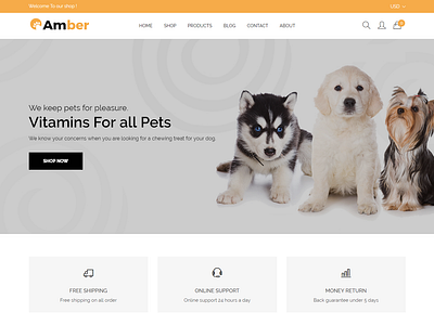 Amber - Pet Care Shopify Theme animal care care cat clean cute dog fashion modern pet pet shop responsive shopify shopify theme shopping store