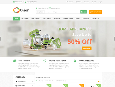 Orion Mega Shop eCommerce HTML Responsive Template clean decor decoration electronics fashion fashion store flower kids kitchen lingerie men modern shop store