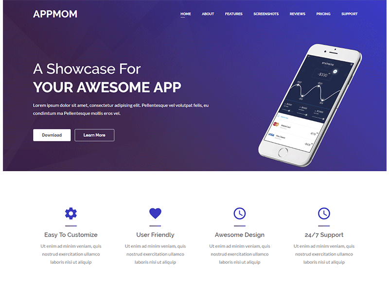 Appmom – Multipurpose Landing Page Template agency app bootstrap business hosting landing page multipurpose one page portfolio software technology